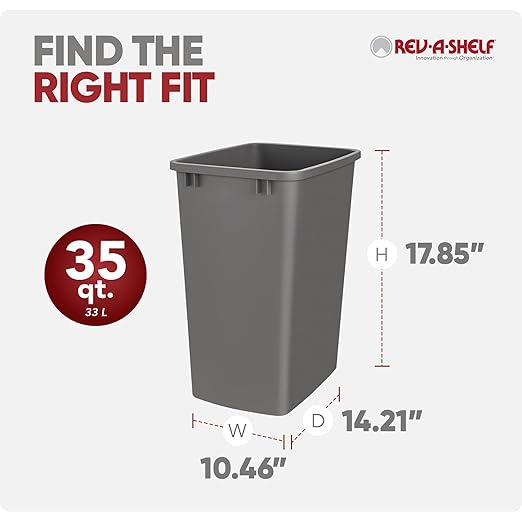 Rev-A-Shelf 2-Pack 35 Quart Polymer Replacement Trash Bin, Recycle Waste Garbage Container for Kitchen Cabinet Pullouts, Gray, RV-35-13-2 - Large Plastic Bins for Home and Office
