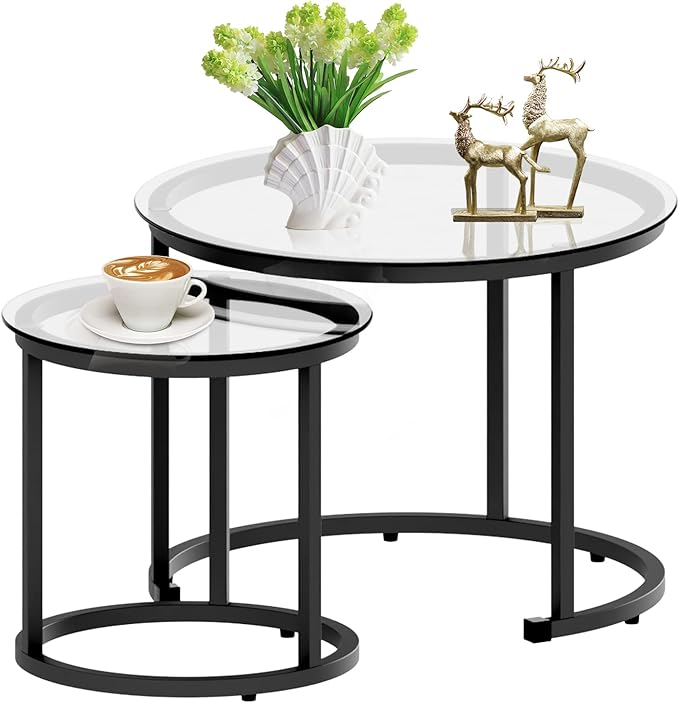aboxoo Black Nesting Coffee Glass Table Set of 2, Metal Freme Side End Tables