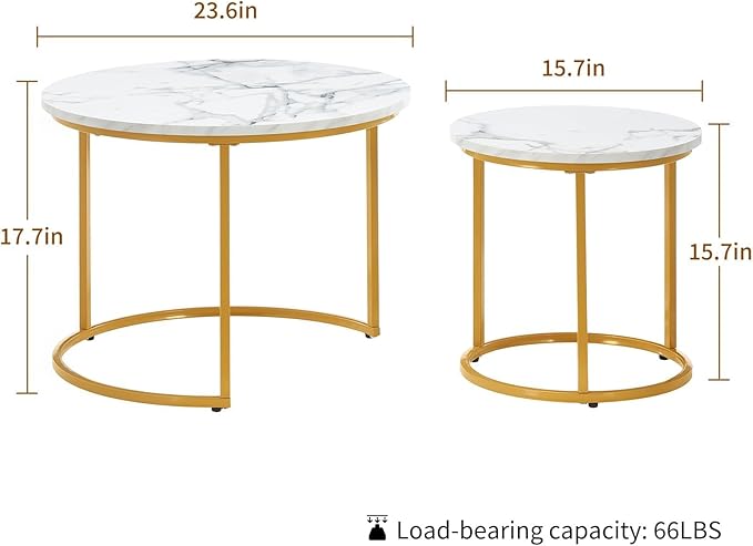 Round Nesting Coffee Table Set of 2, Modern Marble Pattern Wooden Nesting Tables