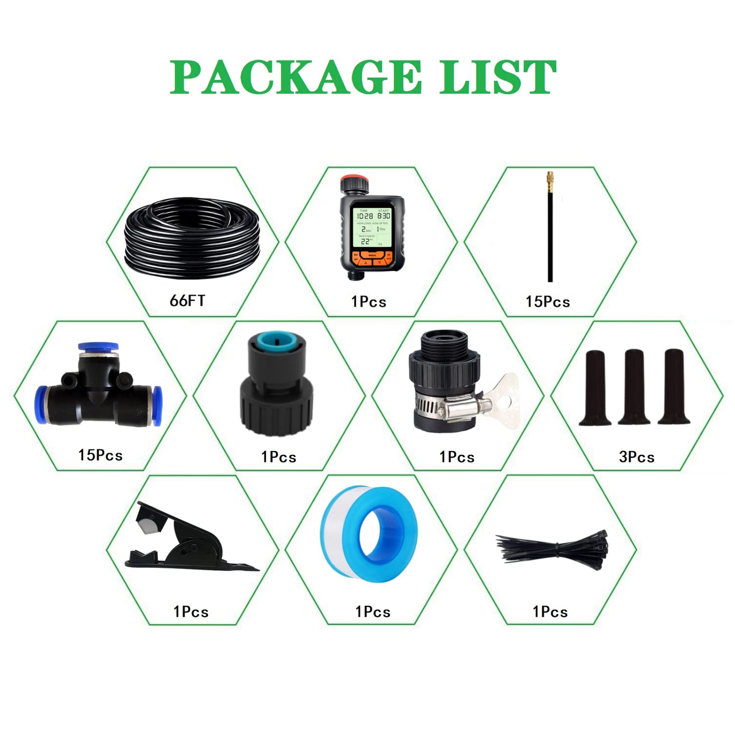 66FT Drip Irrigation Kit, Automatic Garden Watering System with Tool-Free Quick Connectors, 360° Bending Droppers & Copper Misting Nozzles for Greenhouse, Patio, Lawn & Vegetable Garden. (20M)