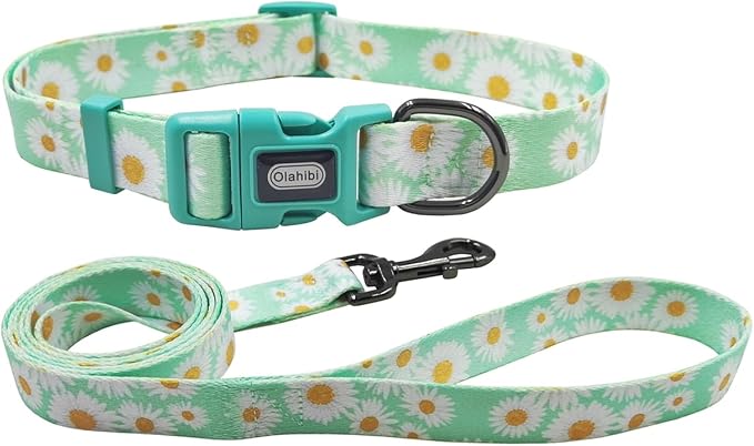 Dog Collar Leash Set, Floral Pattern, Polyester Material, Adjustable Collar and 5ft Matchcing Leash, for Small Dogs.(S, Light Green Daisy)
