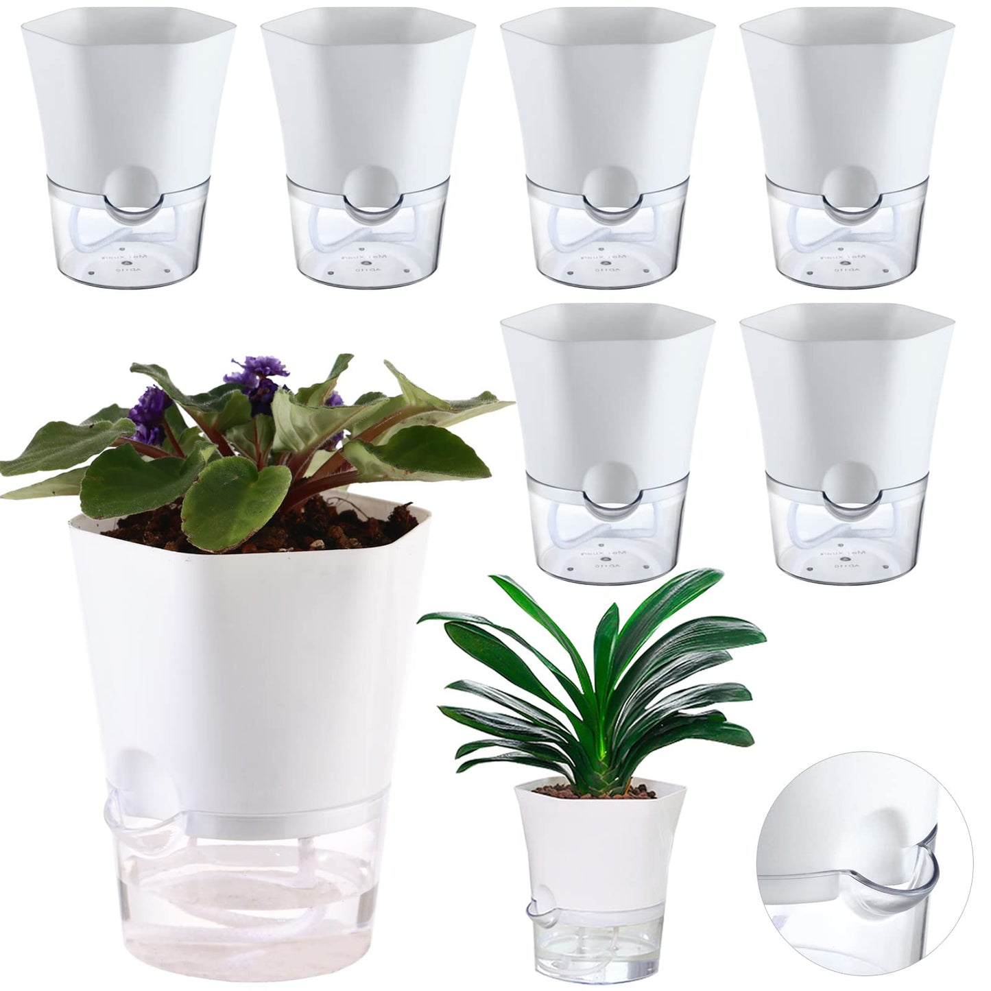 Planterhoma 6-Pack 4.3" Self-Watering Planters, Clear and White, Indoor Use, Hexagonal Plant Pots for Orchids, Herbs, African Violet, Home Decor