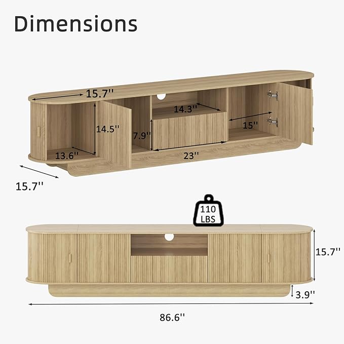 86.61'' Tambour TV Stand for 55-85 Inch, Modern Entertainment Center