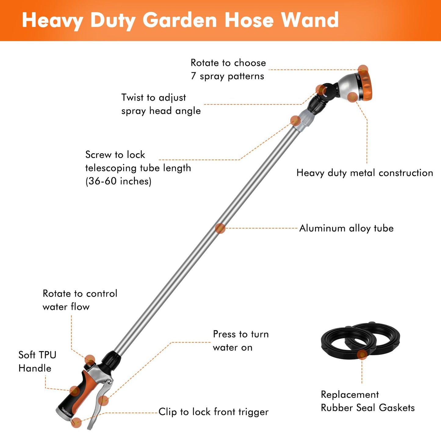 RESTMO 36”-60” Metal Watering Wand, Long Telescopic Tube | 180° Adjustable Ratcheting Head | 7 Spray Patterns | Flow Control, Perfect Garden Hose Sprayer to Water Hanging Baskets, Shrubs, Orange