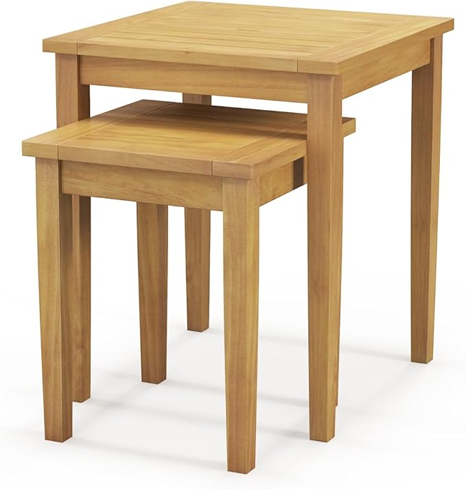 Tangkula 2 Pieces Patio Nesting Table, Teak Wood Outdoor Space Saving Design