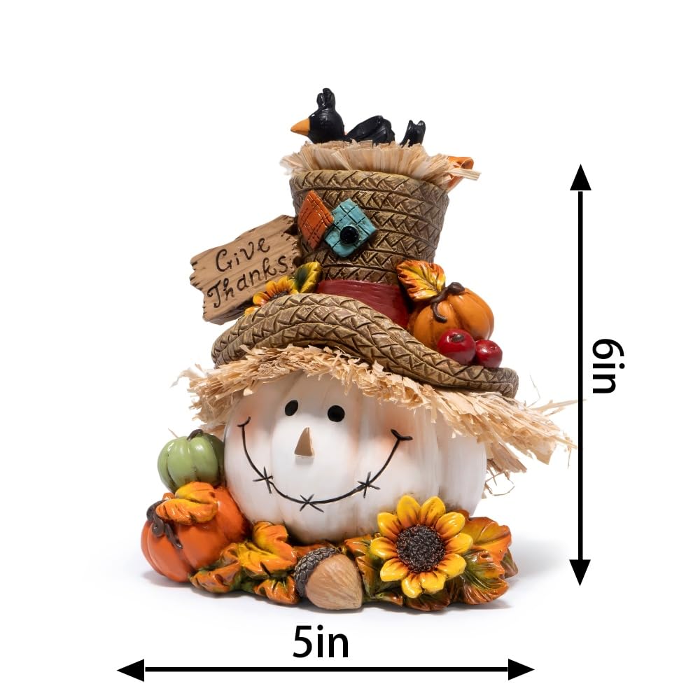 Hodao Thanksgiving Pumpkin Decorations, Resin Fall Autumn Figurine with Straw Hat, Birds, Acorns & Sunflowers, Give Thanks Sign, Festive Gift for Home Tabletop Mantel Thanksgiving Decorations (White)