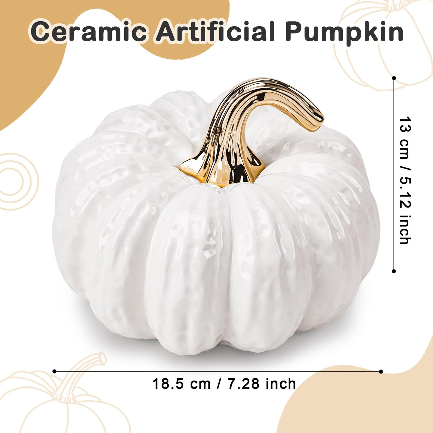 Quancru 7.9 Inch Fake Pumpkin Decorations Ceramic Figurines White Realistic Artificial Pumpkins Model for Outdoor Halloween Fall Harvest Thanksgiving Kitchen Tabletop Centerpiece Crafts - 1 PCS