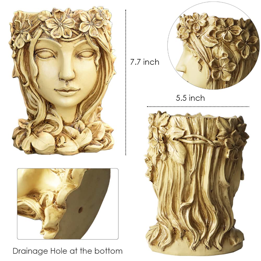 YANMILIA Head Planter Face Flower Pot Goddess Statue Plant Pot Decorative Girl Portrait Planter Indoor Outdoor Girl Face Flower Vase Container Planter (Beige)
