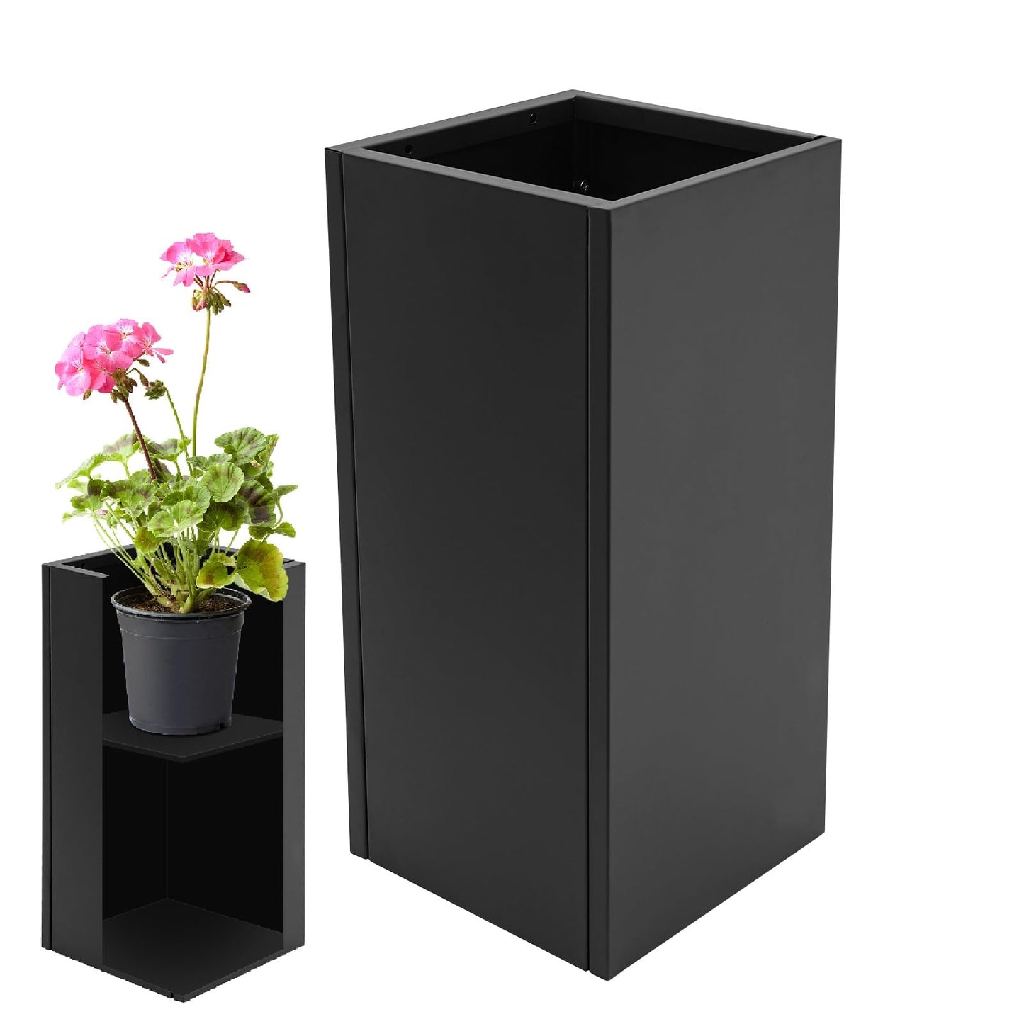 Pinelicorn Tall Square Metal Planter with Removable Insert Shelf 14" L x14 W x 30" H, Outdoor Planters with Drainage Holes, Heavy Duty Steel Flower Pots for Patio, Yard, Garden