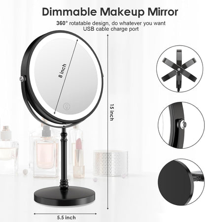Lighted Makeup Mirror, 3000 mAh Rechargeable Double Sided Magnifying Vanity Mirror with 3 Colors, 1x/10x, 360° Rotation , Brightness Adjustable Magnification Cosmetic Light up Mirror, Women Gift