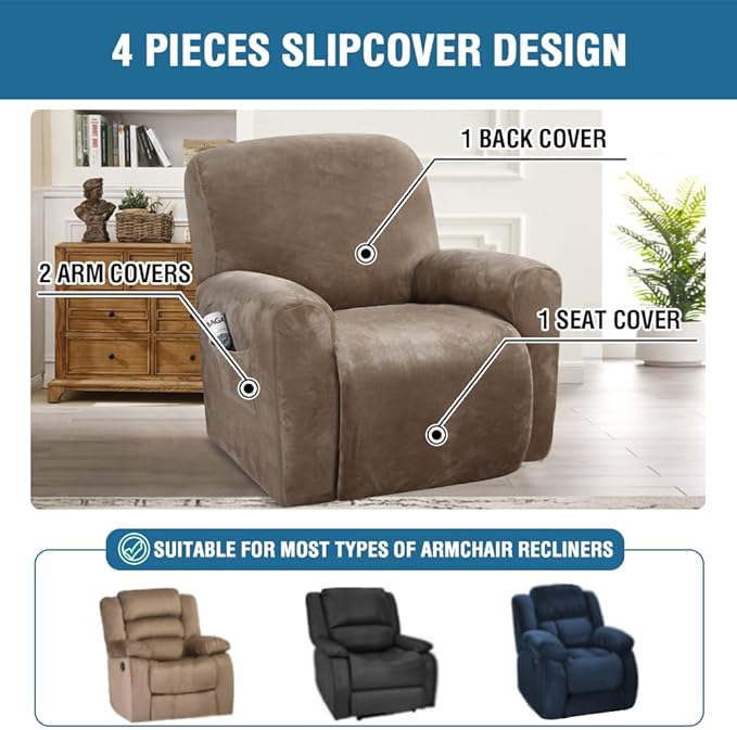 H.VERSAILTEX Velvet Stretch Recliner Couch Covers 4-Pieces Style Recliner Chair