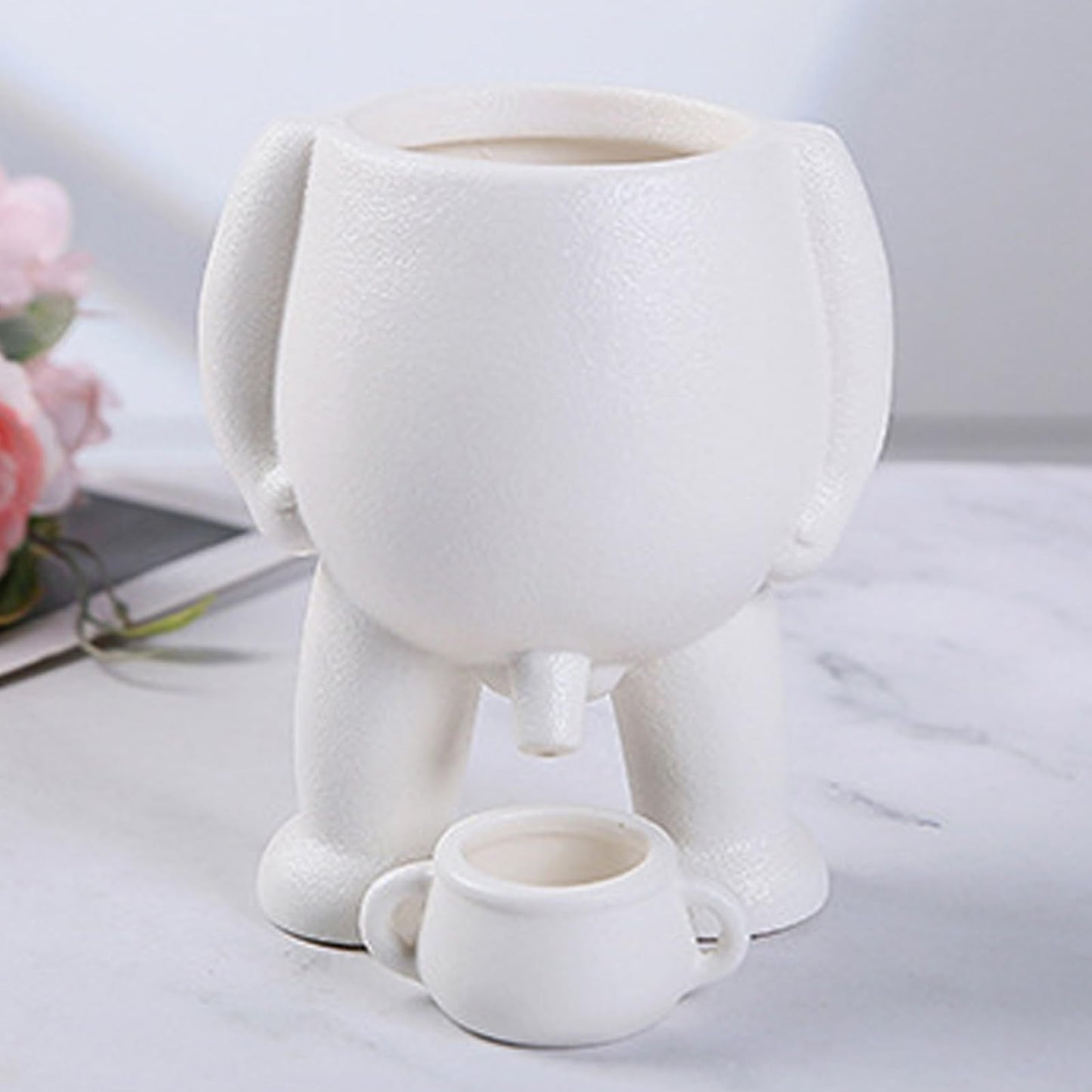 Ymiko Creative White Ceramic Flower Pot, Planter Pot for Indoor Outdoor Gardening, Funny Modern Plant Vase with Drainage Hole and Rubber Plug, 12.5x11x8.5cm (White)