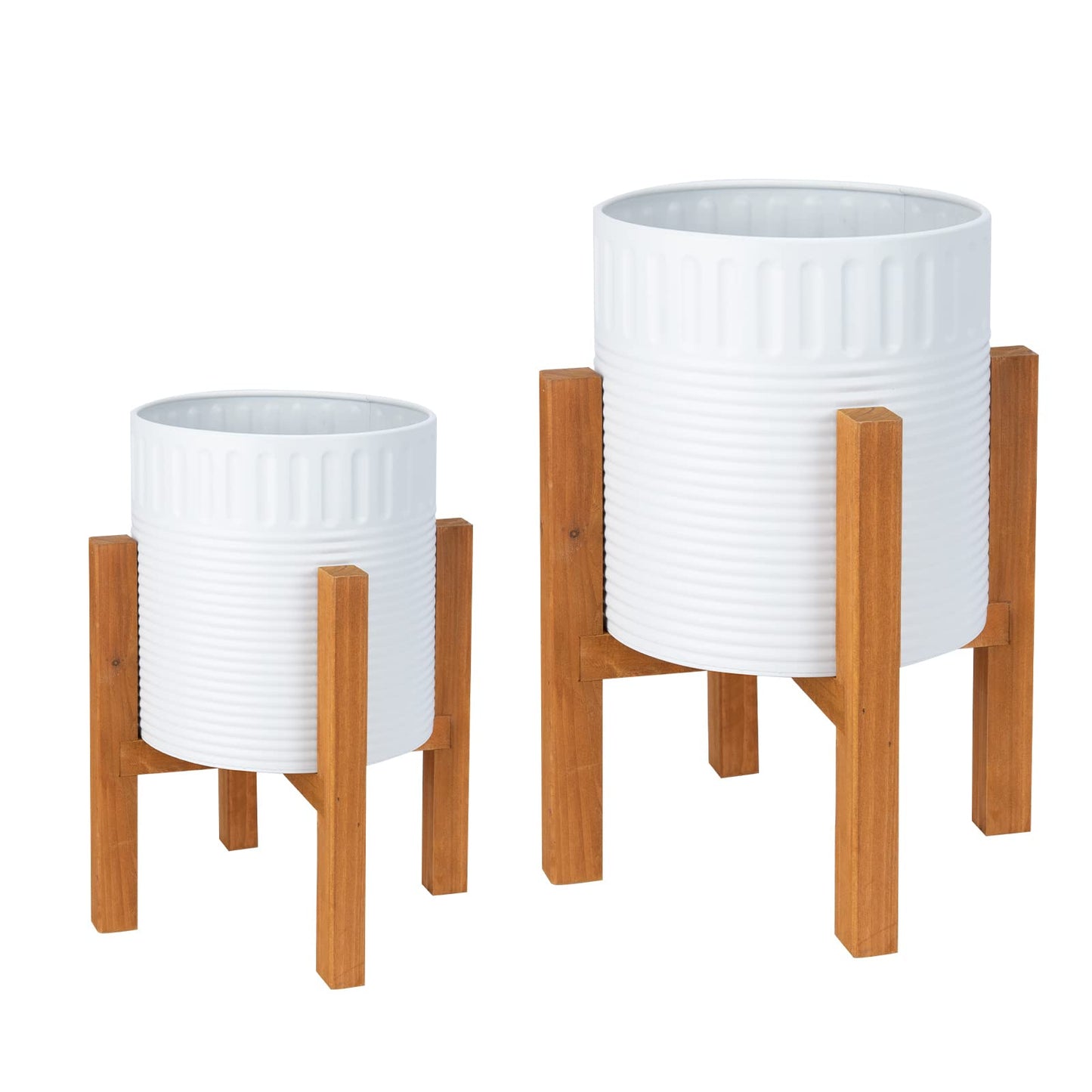 Chonsun 2-Piece White Metal Planter Set with Wood Stand, Indoor Mid Century Modern Planters with Drainage, 8" & 10"