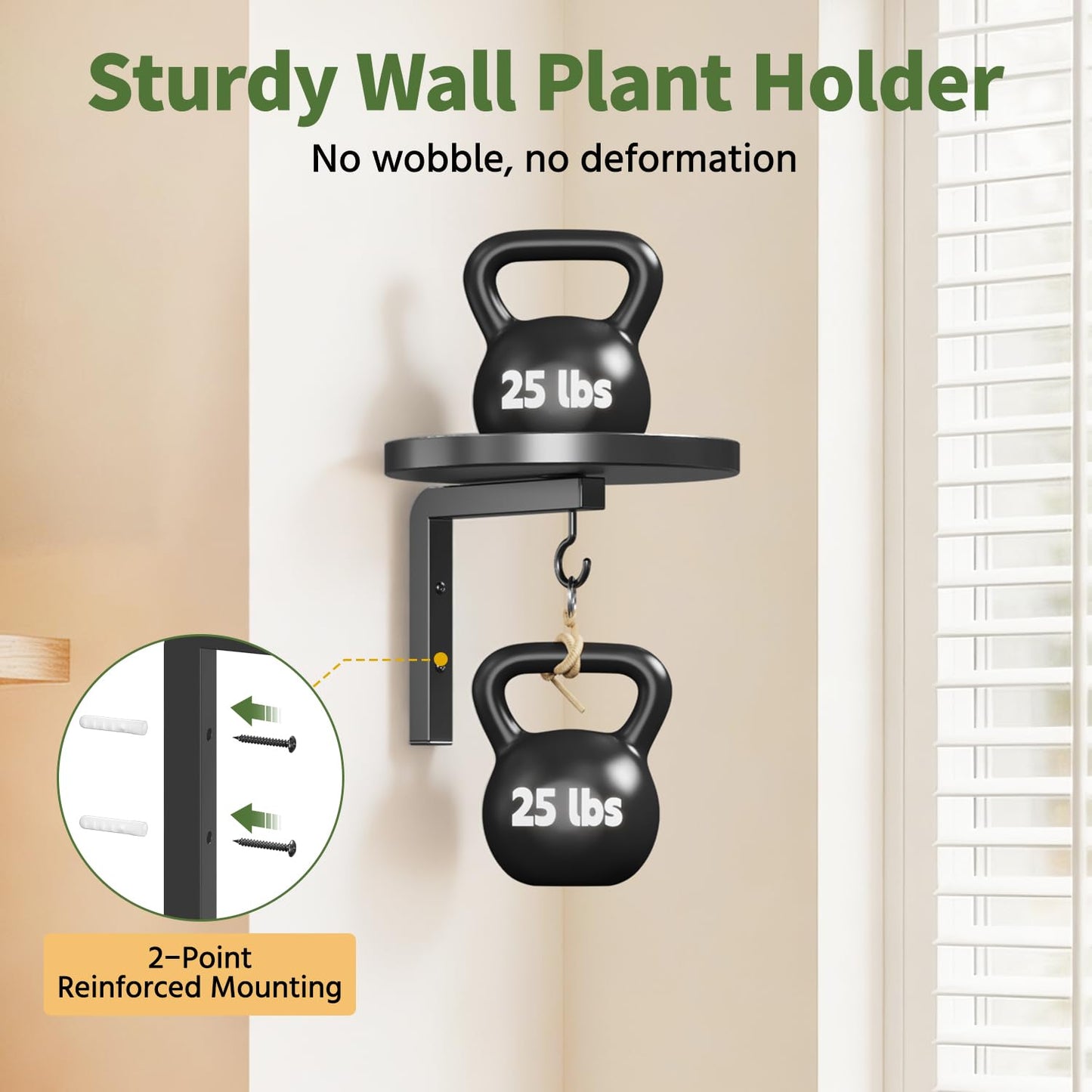 LASZOLA Plant Hangers Shelves Wall Mounted Indoor with Grow Lights, Metal Window Plant Holders, 2Pcs Modern Floating Flower Display Stand with 2 Hooks for Outdoor Kitchen Bathroom Decor, Black