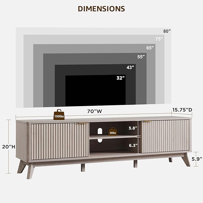 OKD 70" Mid Century Modern Fluted TV Stand, Entertainment Center, Media Console