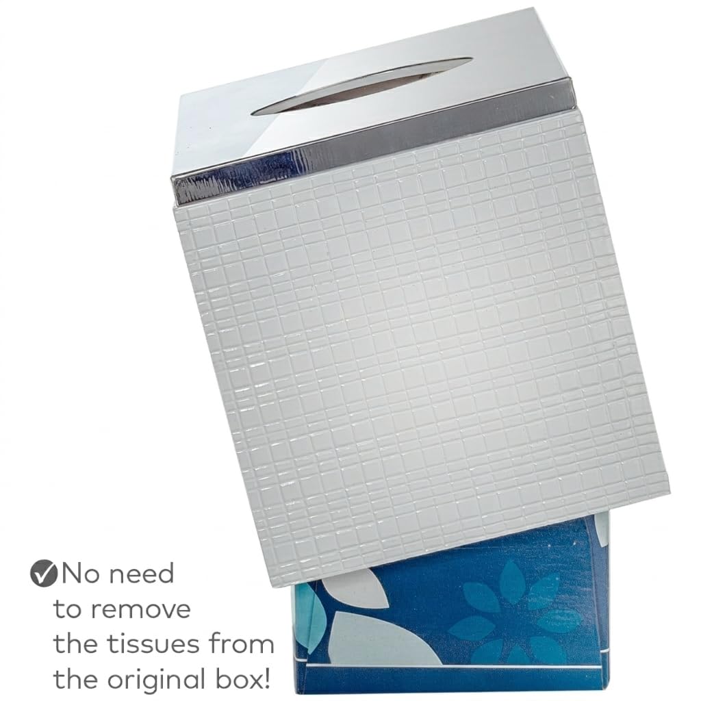 Creative Scents Estella White Tissue Box Cover Square - Decorative Bathroom Tissue Box Holder, Elegant Design Tissue Cover, for Modern Bathroom Decor