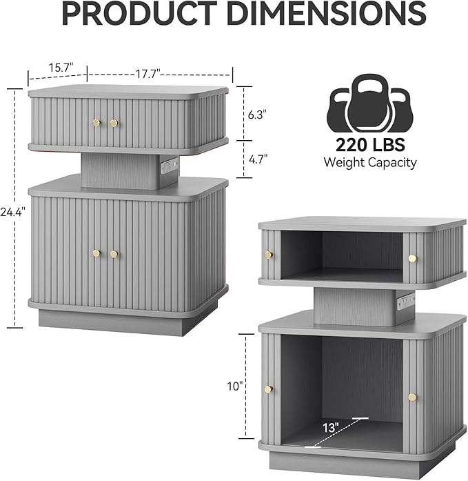Nightstands Set of 2 with Charging Station, Modern Night Stands Set 2 with