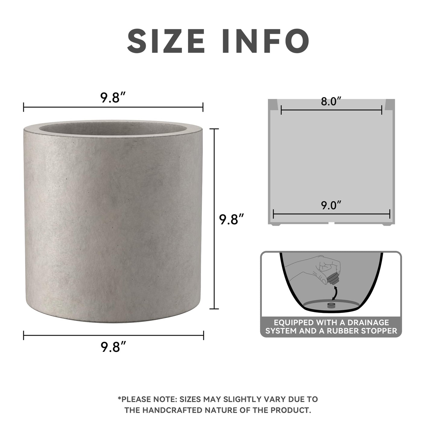 Kante 9.8" Dia Round Concrete Planter, Modern Style Large Cylindrical Plant Pot with Drainage Hole and Rubber Plug for Indoor Outdoor Patio, Weathered Concrete