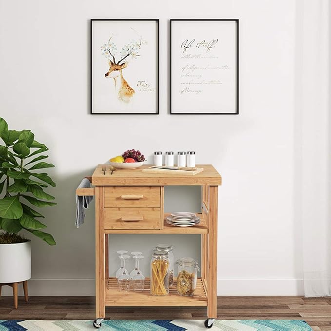 Giantex Kitchen Island, Bamboo Island Cart, Kitchen Trolley Cart on Wheels