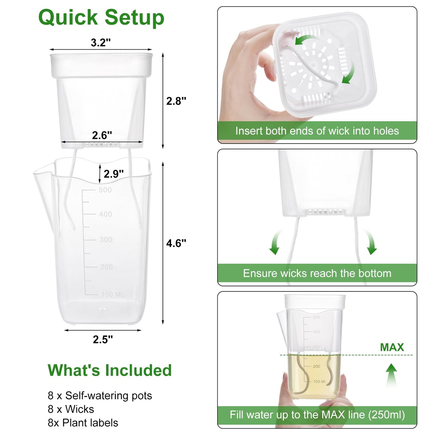softum 8 Pack 4" Self Watering Pots for Indoor Plants, Clear Plastic Propagation Cups with Wick and Plant Labels for Cuttings, Seedlings, Herb, African Violet