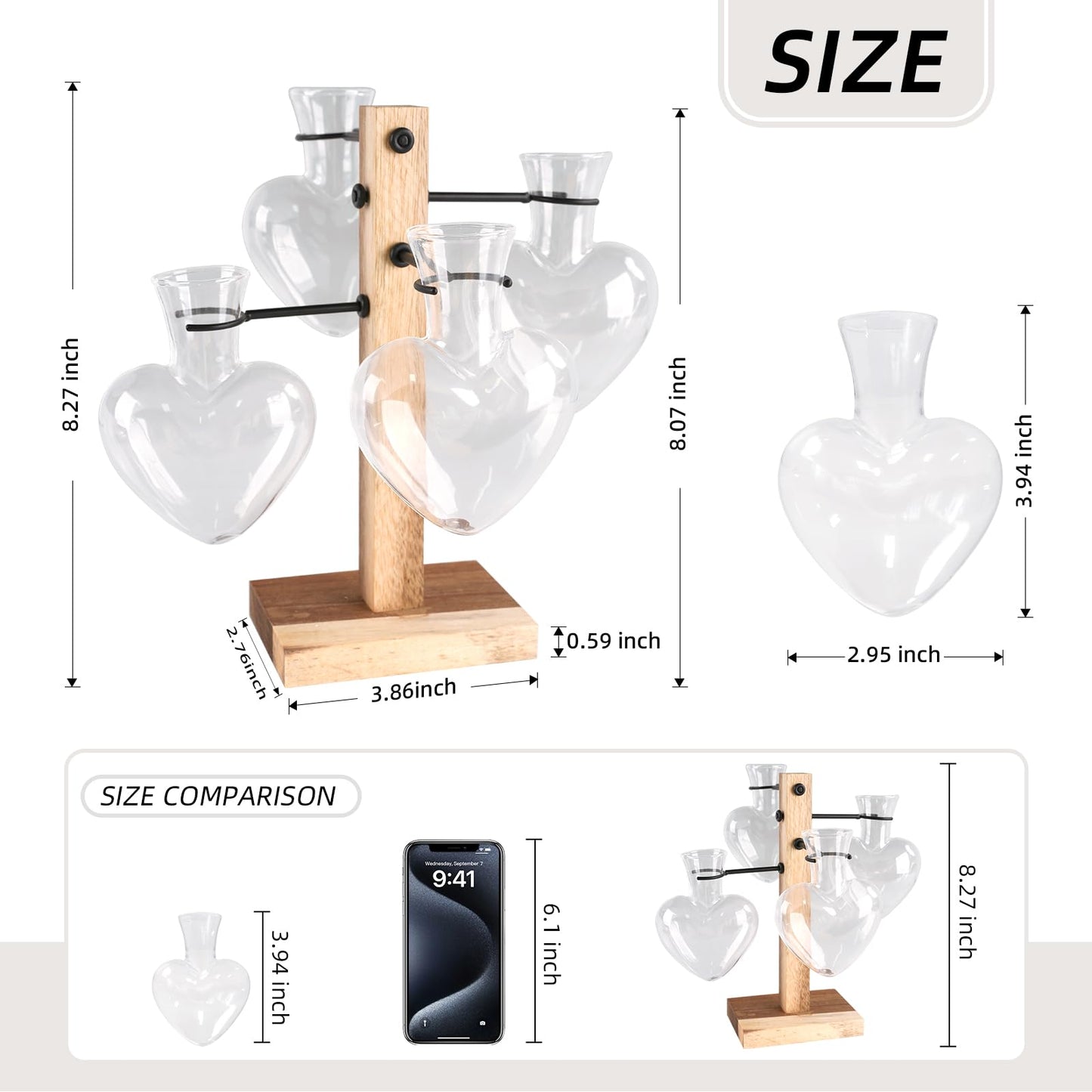 Plant Propagation Station with Acacia Wood Stand, 4 Heart-Shaped Propagation Vases for Plants, Unique Terrarium Kit for Office and Home Decor, Gifts for Plant Lovers