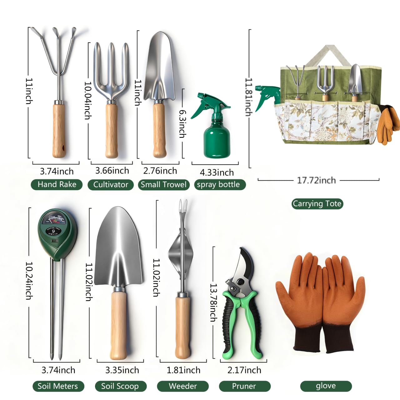 10-Piece Premium Gardening Tool Set—Includes A Moisture Meter, Heavy-Duty Rust-Resistant Stainless Steel Tools with A Storage Carry Bag. The Perfect Gardening Gift for Both Men and Women (Green)