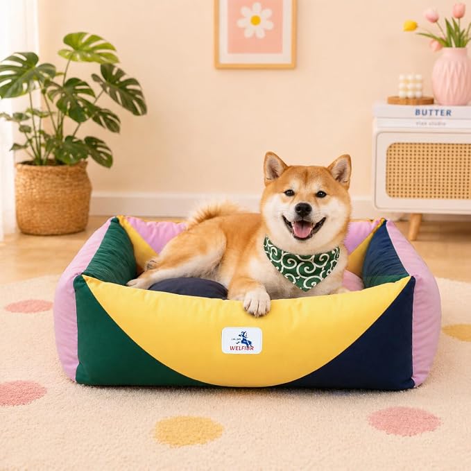 Cotton Canvas Dog Bed, Pink Dog Bed Medium Size Dog, 30"x25"x10" Puppy Bed with Washable Removable Cover, Durable 290 GSM Cotton Anti-Chewing Pet Bed with Anti-Slip Bottom, Pink&Yellow&Green