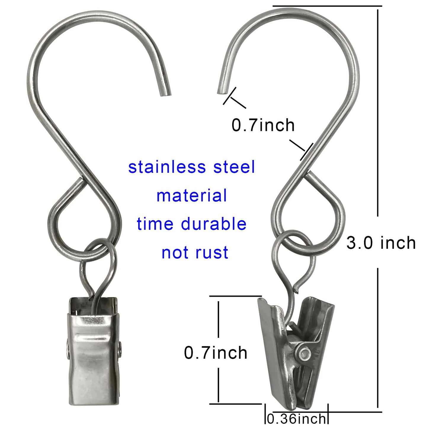 AMZSEVEN Stainless Steel S Hooks Curtain Clips, 50 Pack Hanging Party Lights Clips, Hangers Gutter Photo, Art Craft Display, 3 Inch Long, Silver