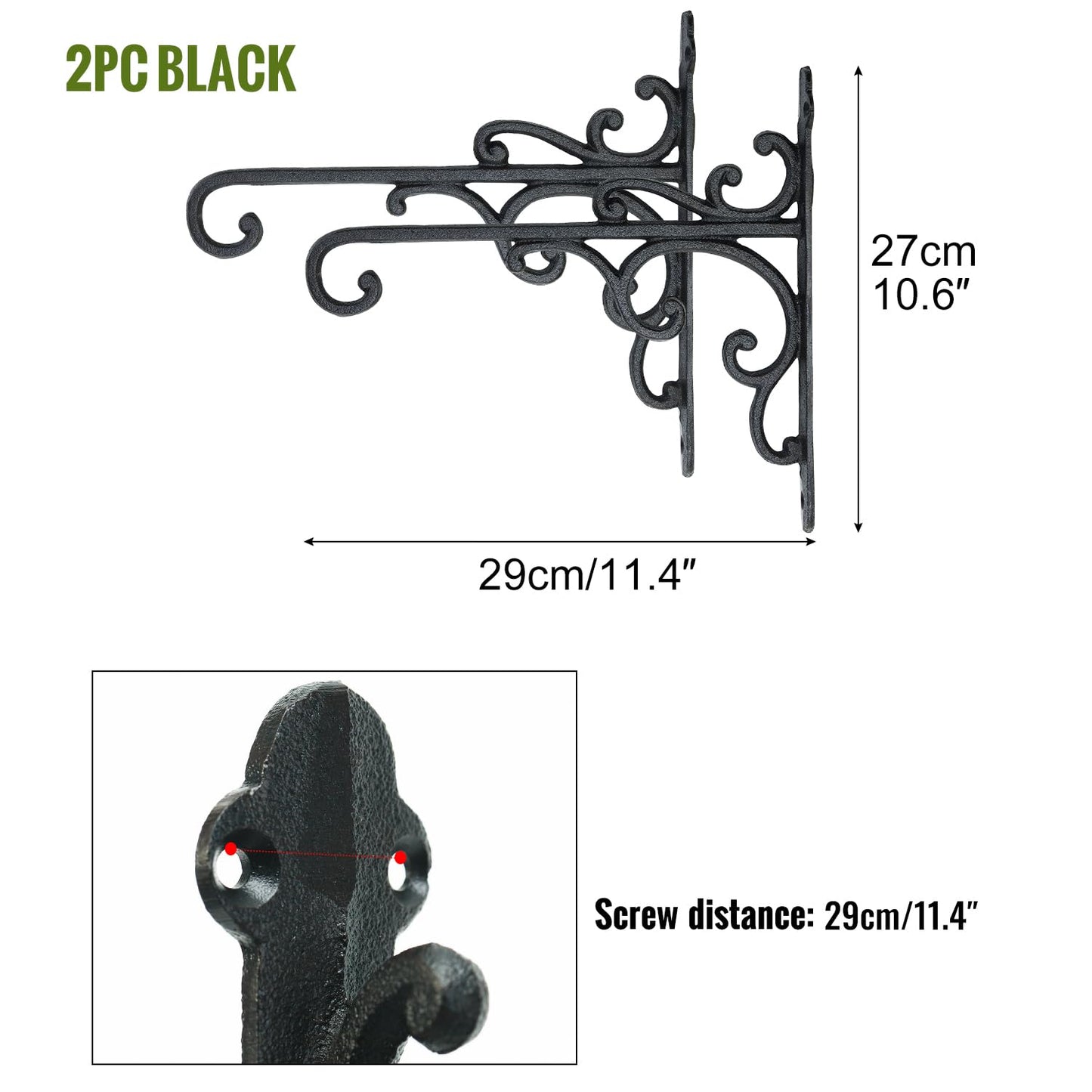 Sungmor Cast Iron Wall Hook Plant Hangers - Home & Garden Heavy Duty Hanging Bracket Plant Hooks - 2PC BLACK Decorative Wall Mount Hooks for Hanging Planter Pot Bird Feeder Birdcage Lantern Wind Chime