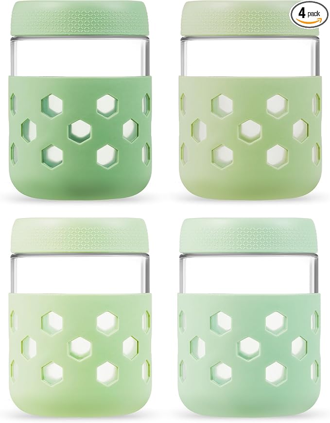 MICEBAY 16oz Overnight Oats Containers with Silicone Sleeves, 4-Pack Wide Mouth Glass Mason Salad Jars with Airtight Lids, BPA-Free Dishwasher Safe Leak-Proof Chia Seed Pudding Jar Meal Prep Container