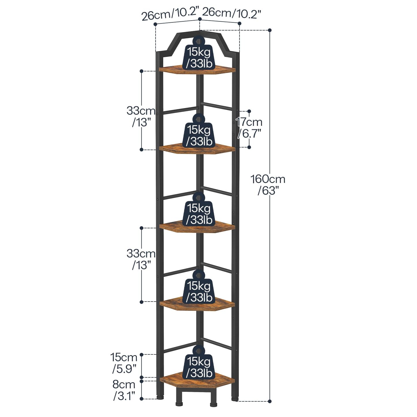 HOOBRO Narrow Corner Shelf Stand, 5-Tier Corner Shelf, 63” Tall Multipurpose Corner Bookshelf, Standing Display Shelf Plant Stand, for Living Room, Study, Kitchen, Rustic Brown and Black BF100CJ01