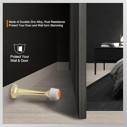 2 Pack Gold Solid Rigid Door Stops - Heavy Duty Door Stoppers Wall Protector with Soft Rubber Tips, Brushed Brass