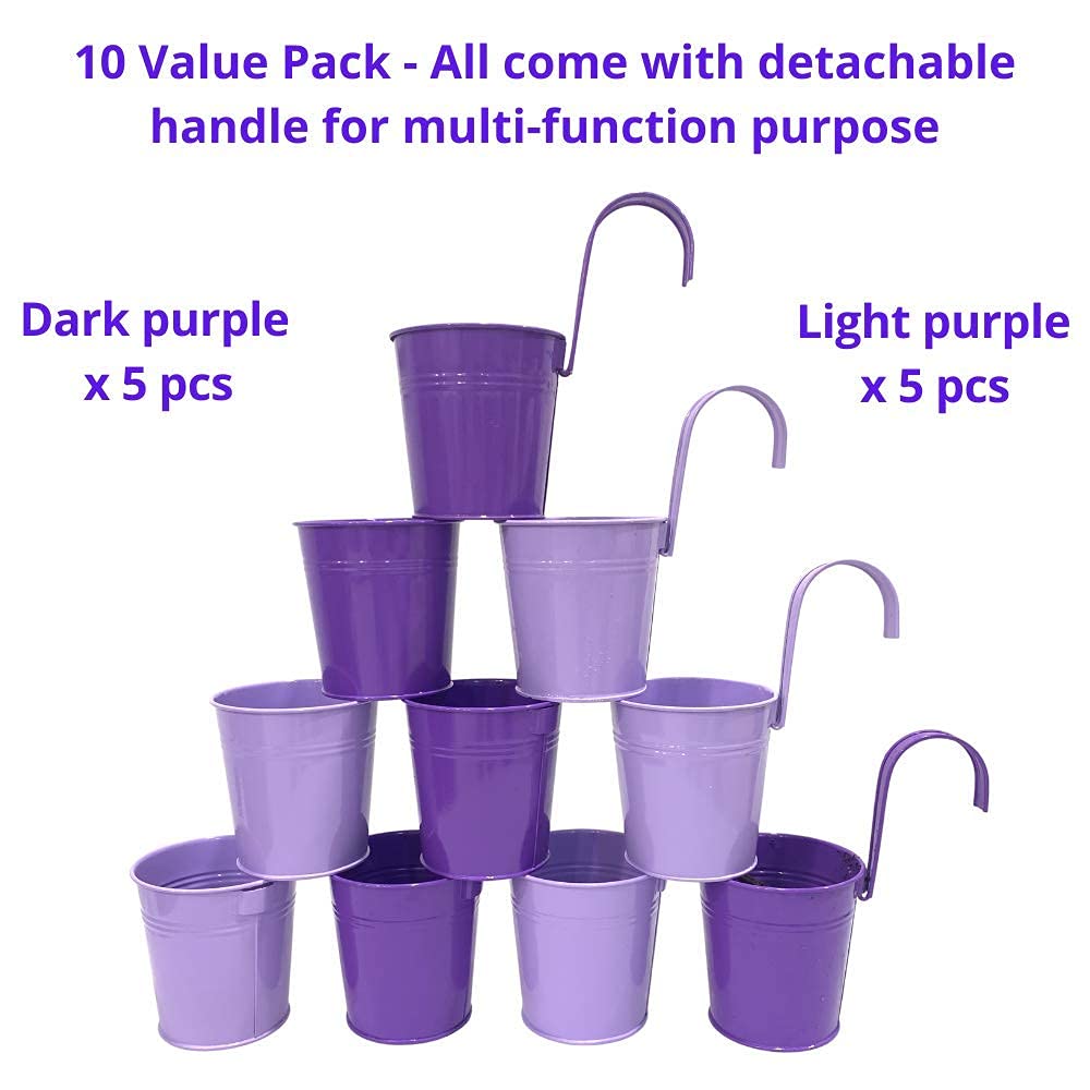 LaLaGreen Hanging Planter Outdoor - 10 Pack, 4 Inch Fence Planters Outdoor Purple Hanging Window Flower Bucket Metal Succulent Pots Balcony Railing Wall Garden Deck Porch Herb Plant Macetas Exterior