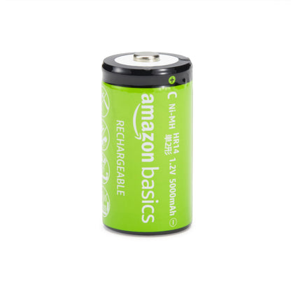 Amazon Basics Rechargeable C Cell Batteries, 4-Pack, NiMH, 5000 mAh, Recharge up to 1000x Times, Pre-Charged