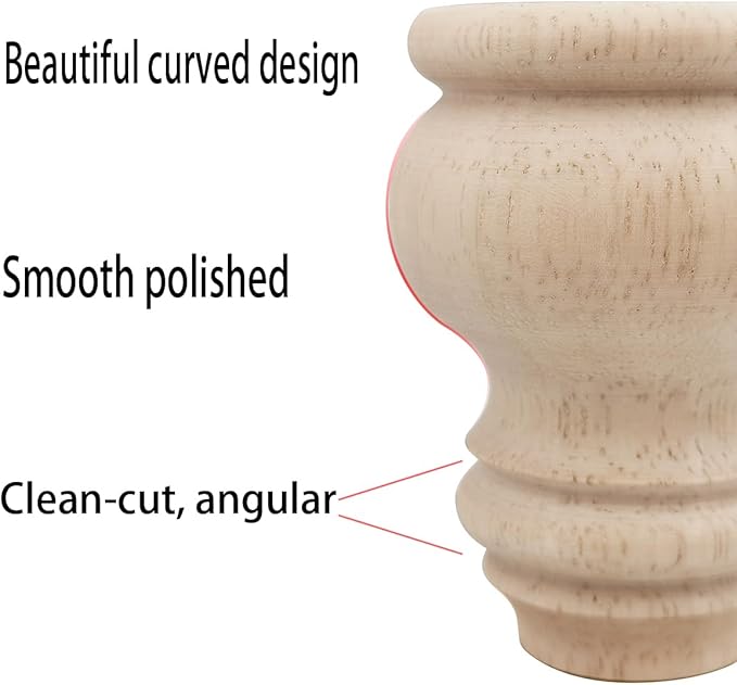 3" Tall Solid Wood Furniture Legs Unfinished Bun Feet