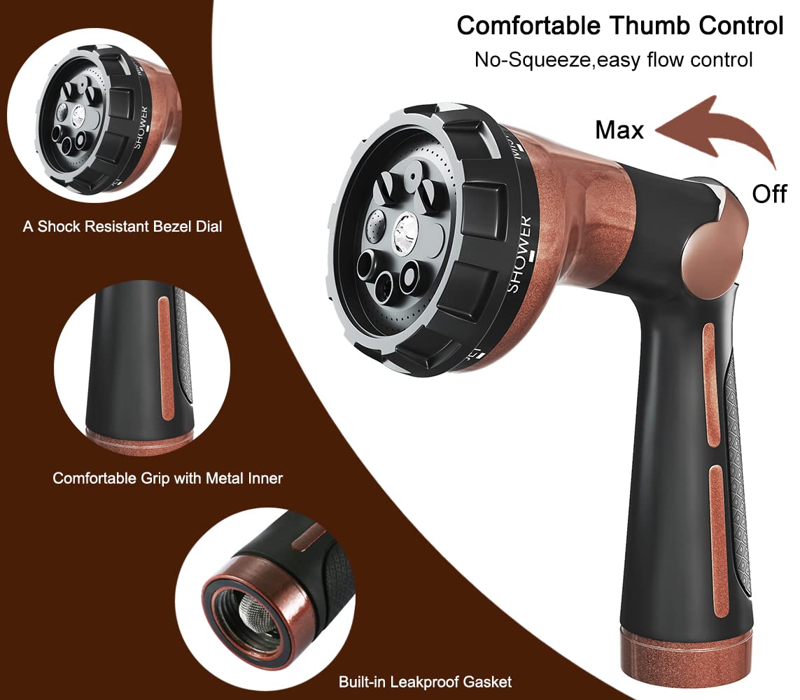 FANHAO Garden Hose Nozzle, 100% Heavy Duty Metal Water Hose Sprayer with 8 Spray Patterns, High Pressure Water Nozzle with Thumb Control, On Off Valve for Watering Plants, Washing Cars & Pets, Brown