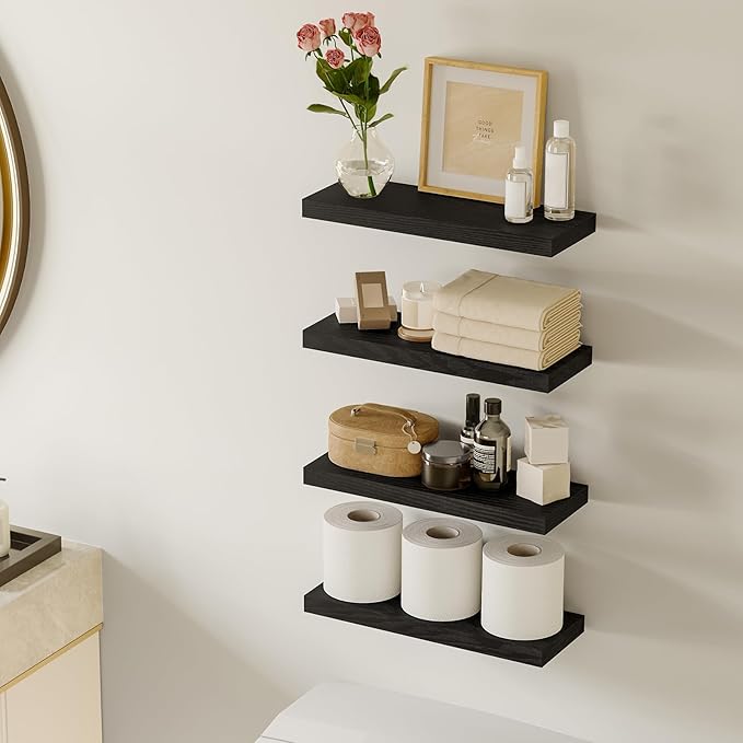 Fixwal Black Floating Shelves for Wall, Rustic Wood Shelves for Bathroom