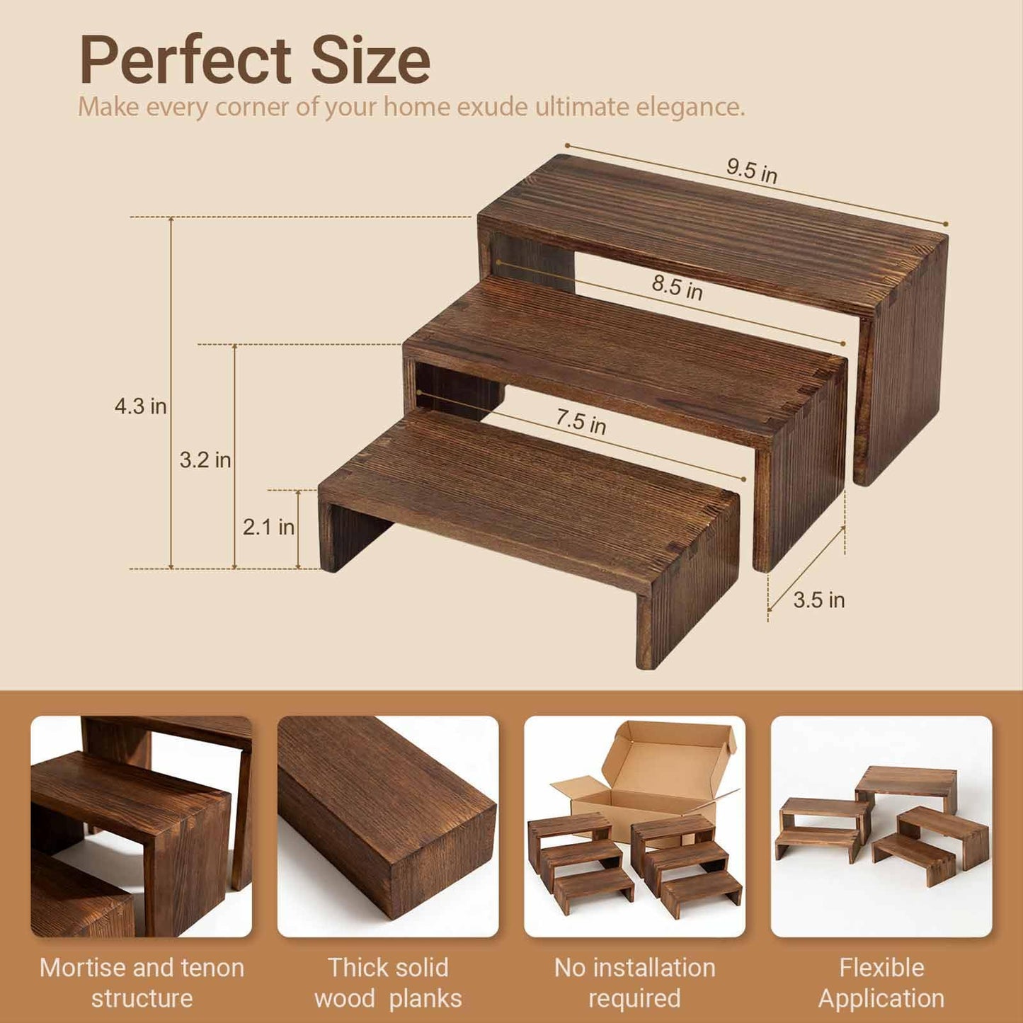 Jerbikas 3-Tier Wood Display Riser 2 Set, Tiered Display Stand for Food, Kitchen, Desk & Party - Solid Pine Wooden Shelf & Organizer for Plants, Collectibles, Office (9.5/8.5/7.5 In)