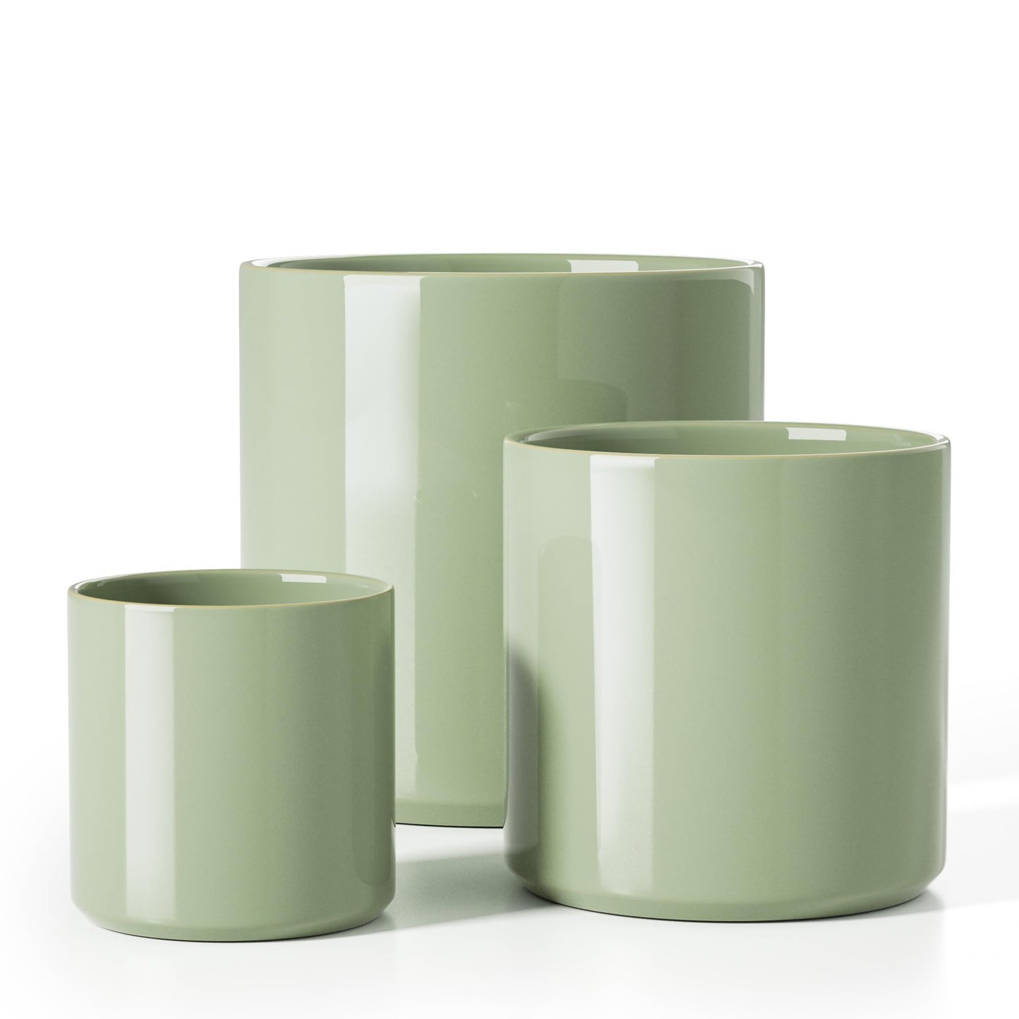 LE TAUCI Ceramic Pots for Plants, 10/8/6 Inch Indoor Planters with Draiange Hole, Silicone Plug & Mesh Pad, Modern Minimalist Pots for Home Office, Set of 3, Glossy, Sage Green