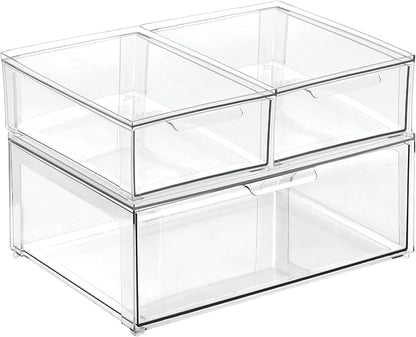mDesign Plastic Stackable Bathroom Storage Organizer Bin Containers with Front Pull Drawer for Bathroom Countertop, Vanity, Closet Shelves - Holder for Accessories, Lumiere Collection, Set of 3, Clear