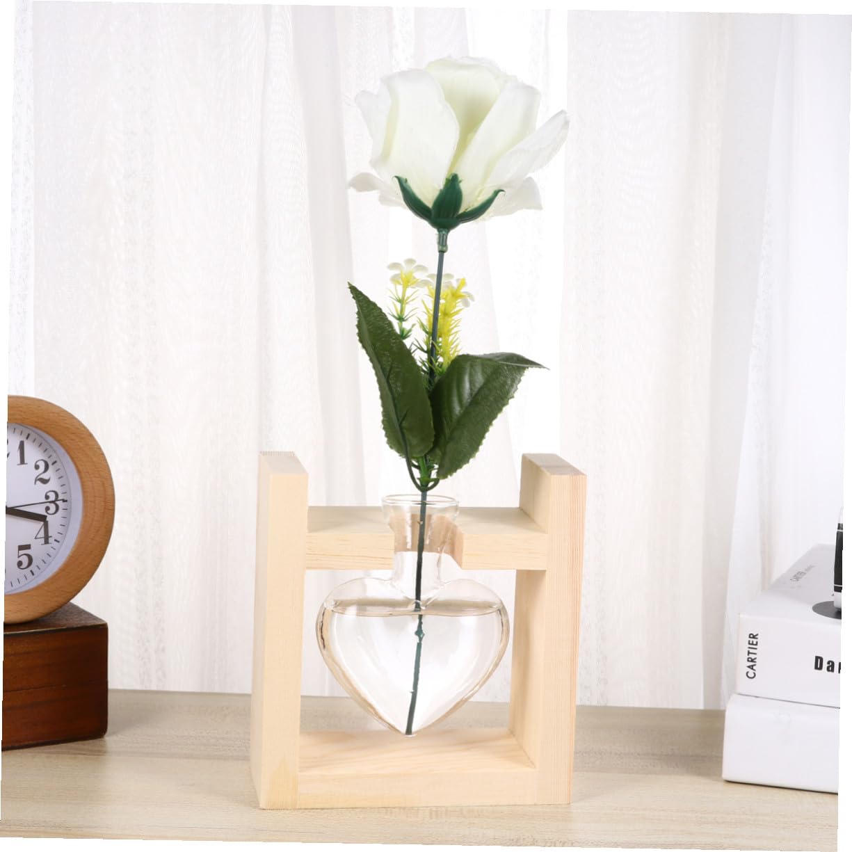 HAKIDZEL Heart-Shaped Glass Vase with Wooden Rack Hydroponic Plant Terrarium Container for Indoor Flower Arrangement Heat-Resistant Decorative Planter for Tulips Roses Indoor and Office