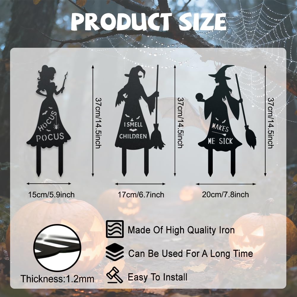 WADORN 3Pcs Halloween Witches Metal Decorative Garden Stakes, Metal Halloween Silhouette Yard Signs Hocus Pocus Garden Scary Ornament Sign for Garden Outdoor Backyard Patio Lawn Holiday Party Decor
