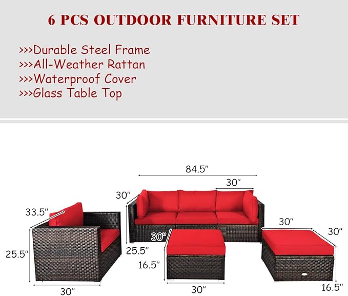 Tangkula 6 Pieces Wicker Patio Furniture Set, PE Rattan Outdoor Sectional