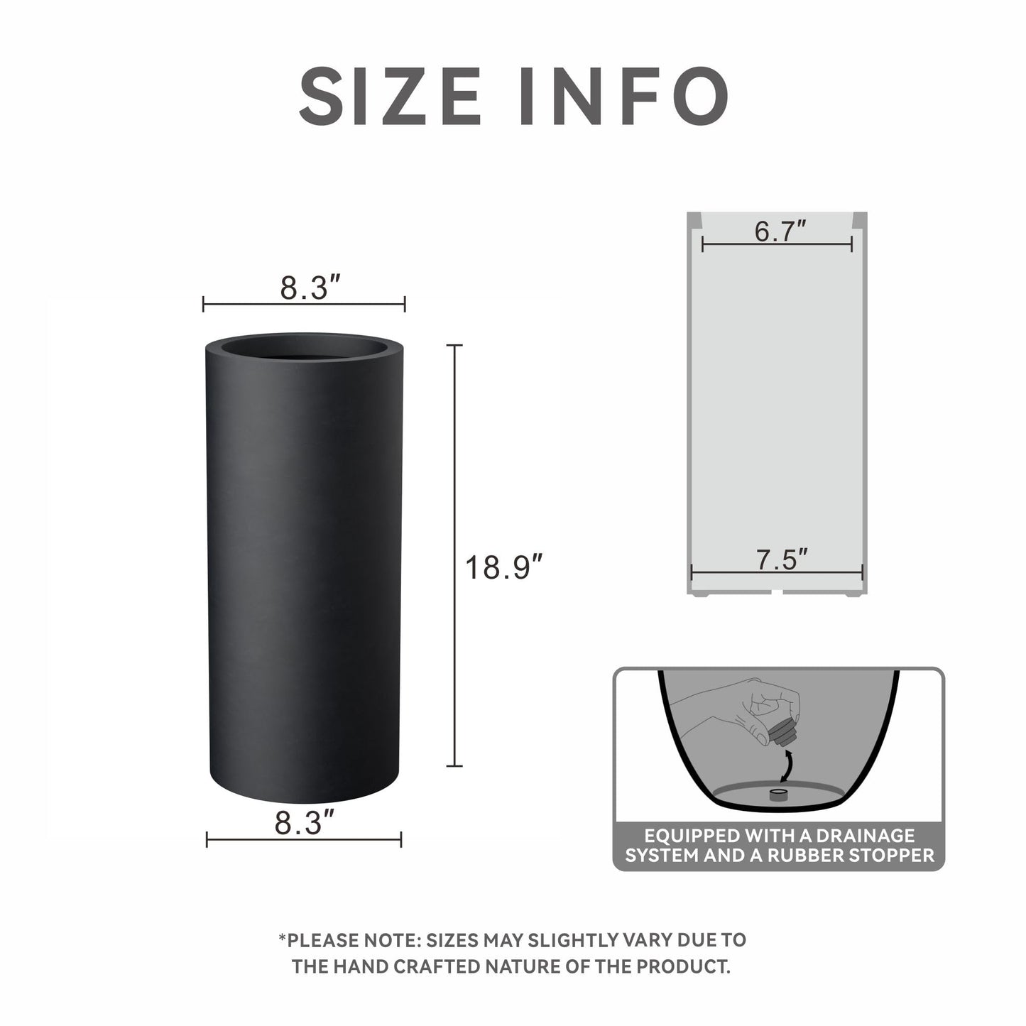Kante 18.9 Inch Tall Cylindrical Planter, Large Round Plant Pots with Drainage Hole, Made with Concrete, Suitable for Indoor Outdoor Plants, Home Decor, Black
