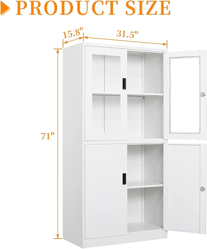 Metal Storage Cabinet with Doors and Shelves, 2 Adjustable Shelves, 4 Doors