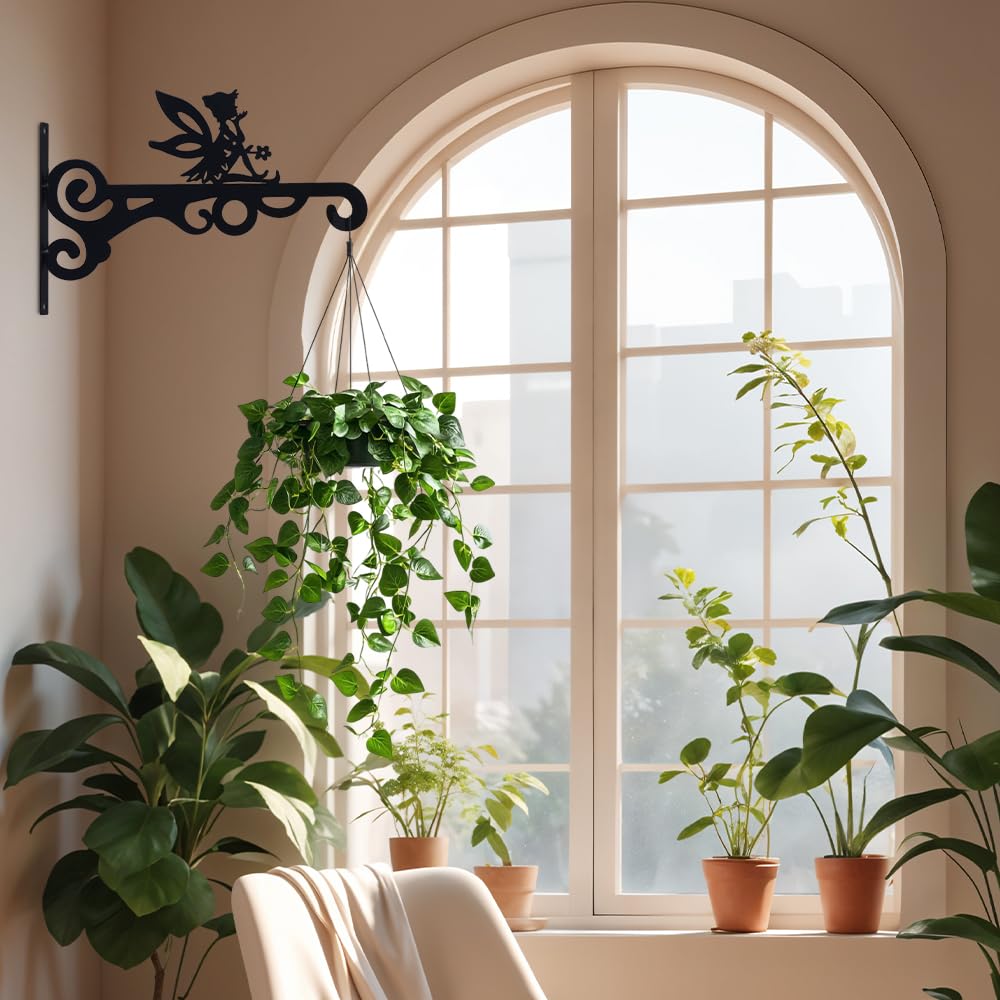hogardeck Plant Hangers Outdoor Decor, 2 Pack 10” Metal Hanging Plant Bracket with Fairy for Garden Patio Yard Decor, Anti Rust Plant Hooks for Hanging Plants, Bird Feeder, Wind Chime, Lantern