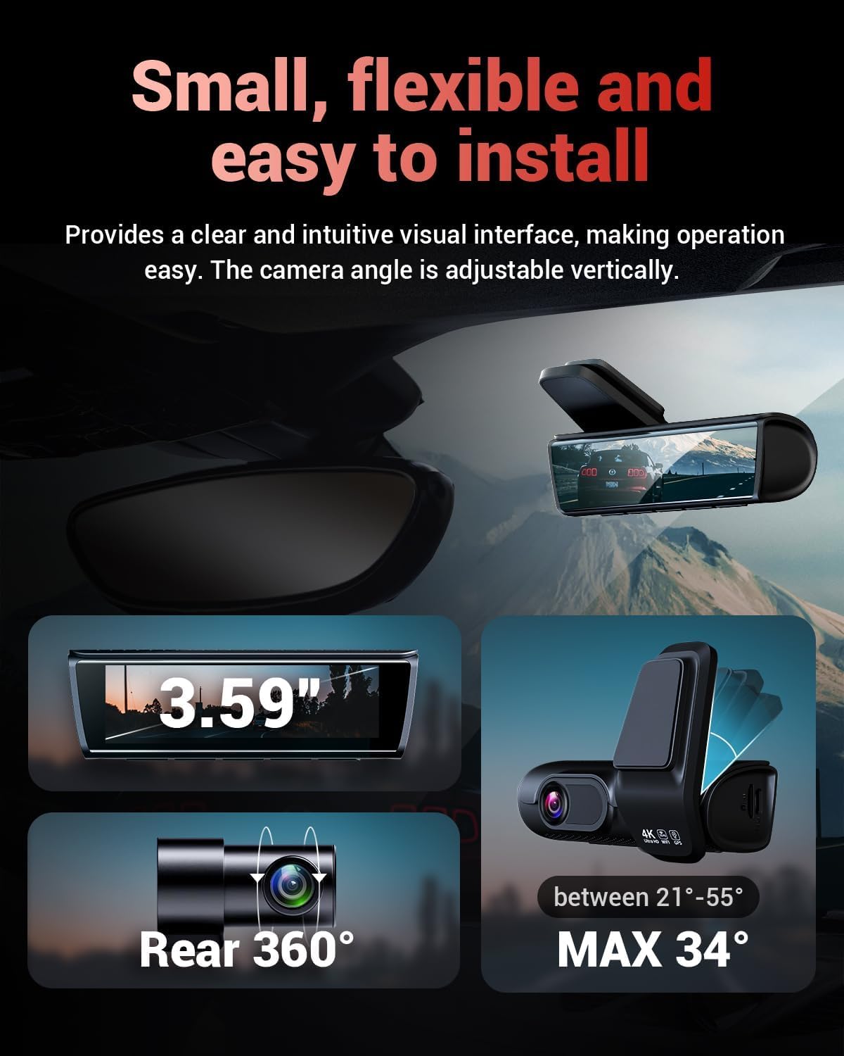 OVAMAN K600 4k Dash Cam Front and Rear, 3.59" IPS Screen, Built-in GPS 5G WiFi Dash Camera for Cars with App, UHD 2160P Night Vision Free 64G SD Card, 170° Wide Angle, HDR, 24H Parking Mode