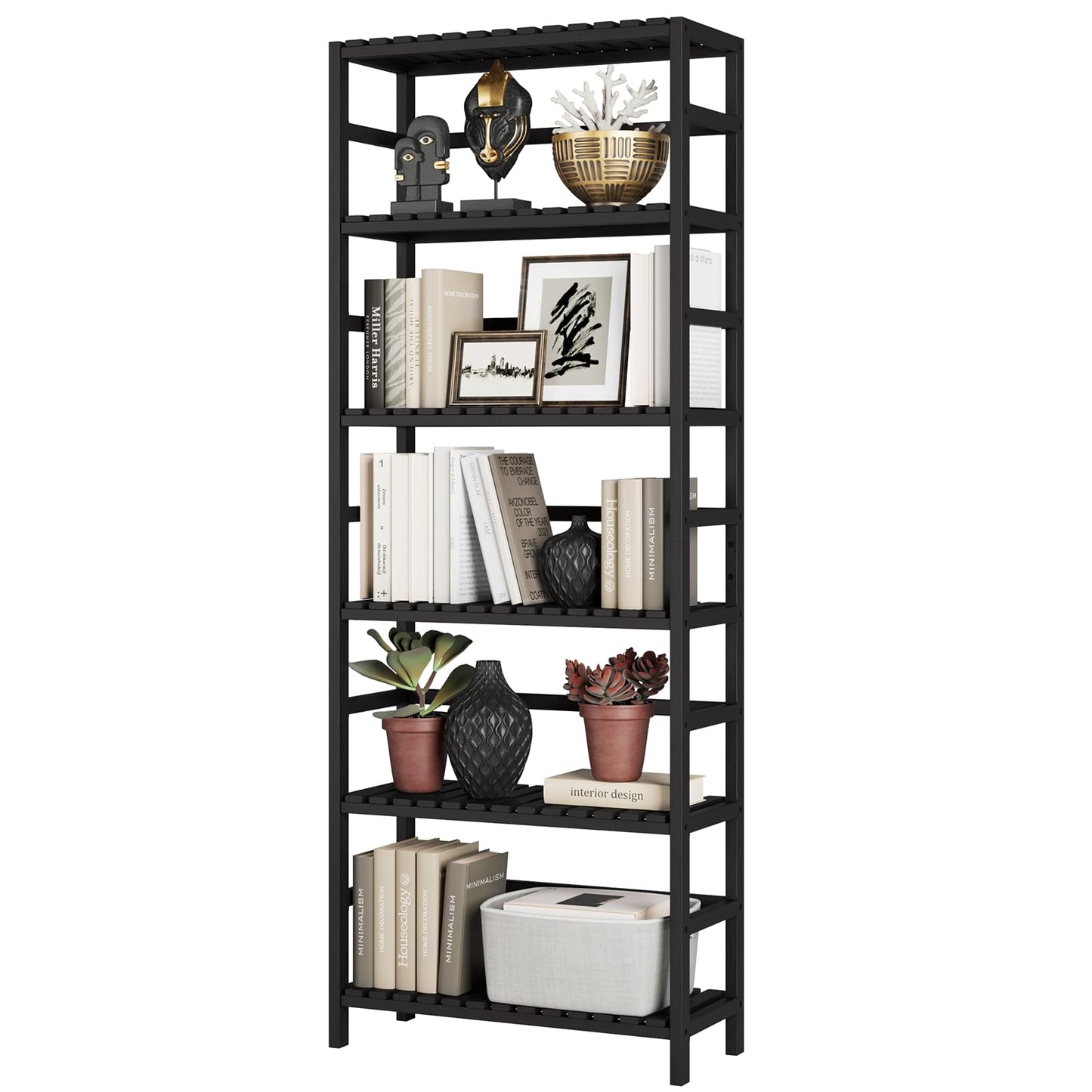 Bamjoy Bamboo Shelf, 6-Tier Bookshelf Adjustable Storage Shelves, Tall Shelving Unit Plant Stand, Storage Rack for Bathroom Home Office Living Room Kitchen, 23.6W x 10.2D x 63.4H Black