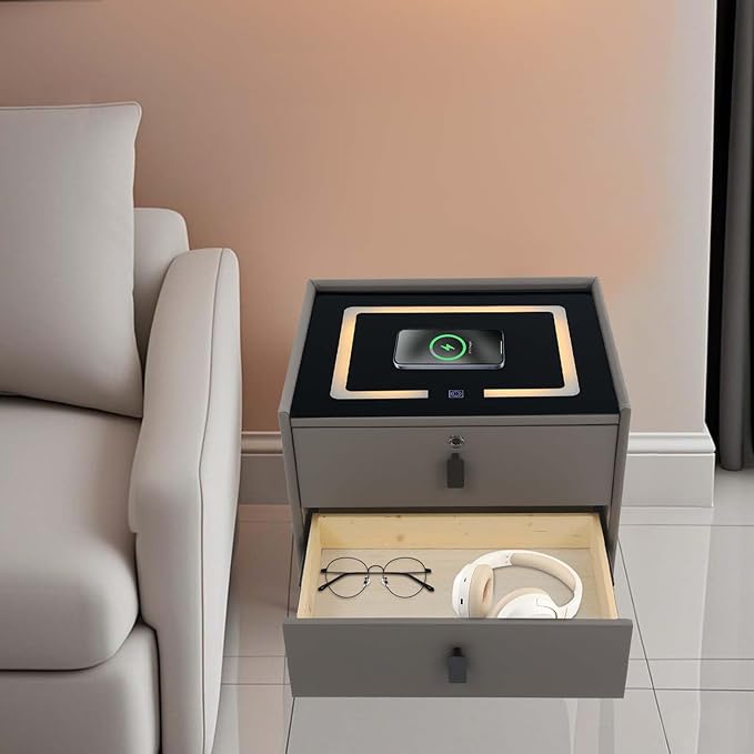 Smart Nightstand w/Fingerprint Lock Drawers, Smart Bedside Table w/USB Charging