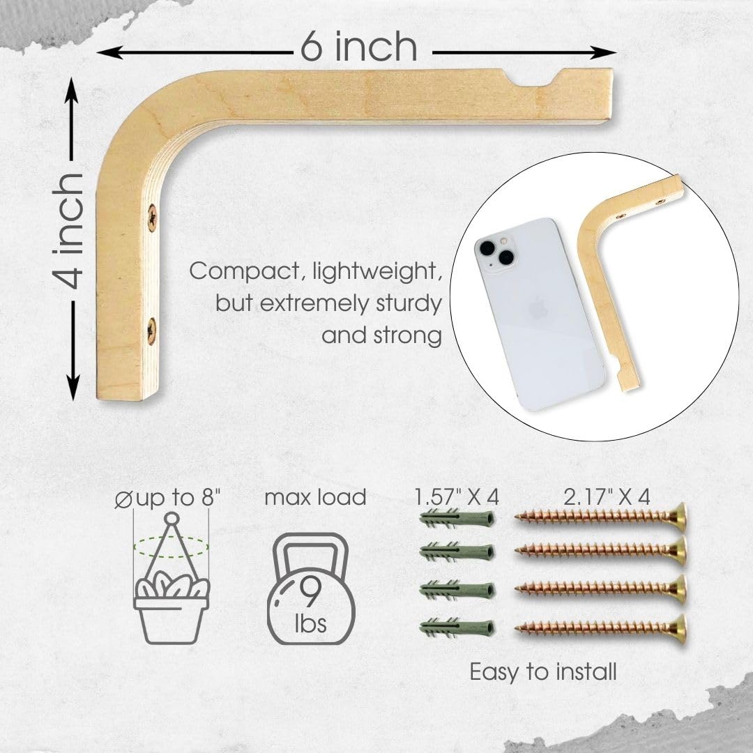 EvenWood 2-Piece Set of Plant Hooks for Wall 6 inch - Mounted Wooden Plant Hook - Indoor and Outdoor Bracket Plant Hanger for Planters, Lanterns, Bird Feeders, Patio Decorations (Natural)
